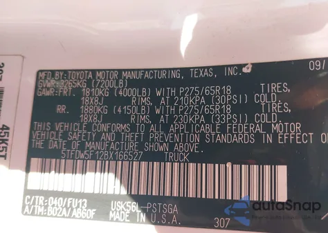2011 Toyota Tundra Grade 5.7L V8 z USA, uszkodzony, nr VIN 5TFDW5F12BX166527